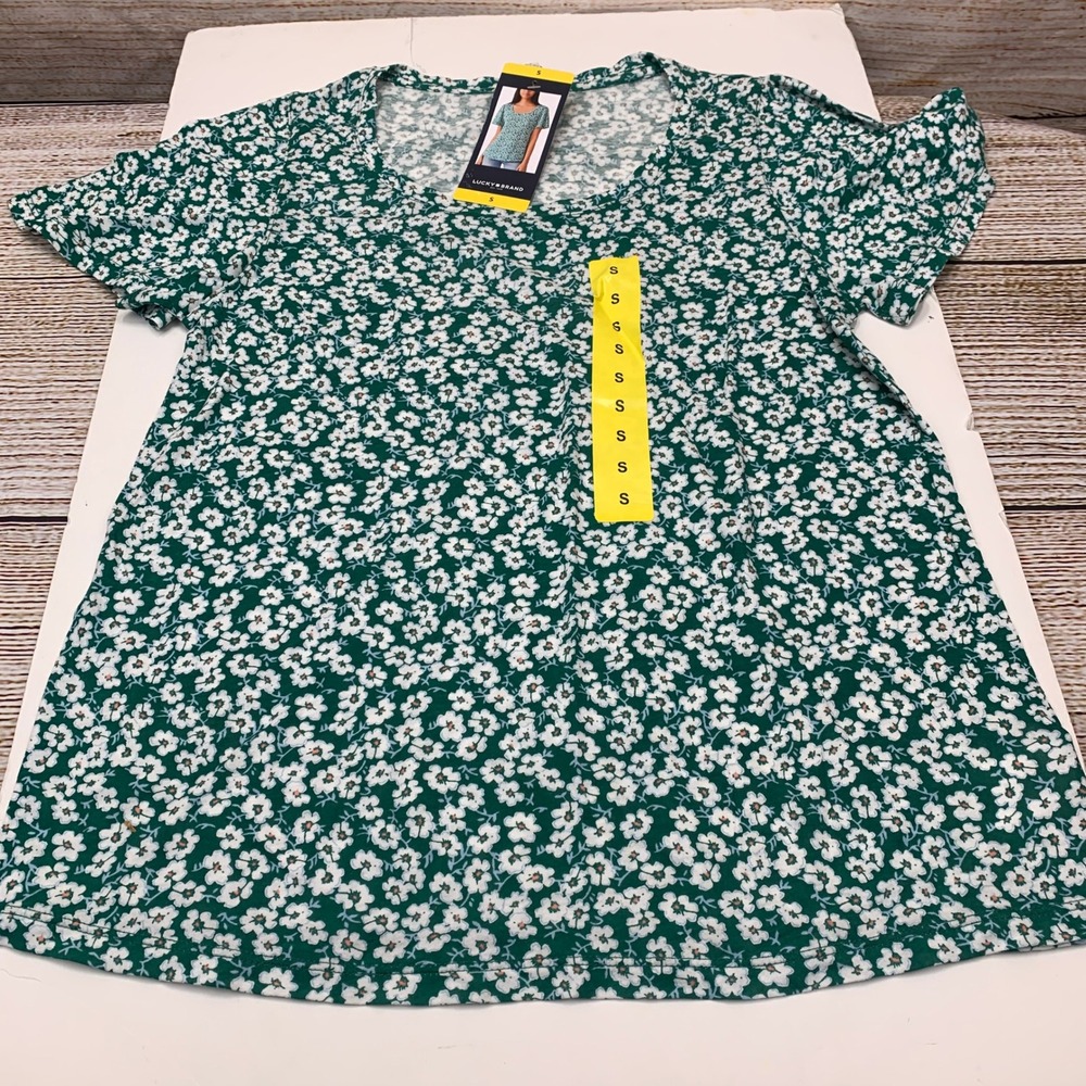 Lucky Brand Green White Floral Short Sleeve Casual T Shirt Top Womens Size S New